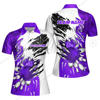 Customized Bowling Women Polo Shirt, Bowling And Pins Plame Monster Hand Premium Multicolor Option Personalized Name And Team Zipper Polo Jerseys Shirts