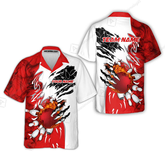 Customized Bowling Hawaiian Shirt, Bowling And Pins Plame Monster Hand Premium Multicolor Option Personalized Name And Team Zipper Polo Jerseys Shirts