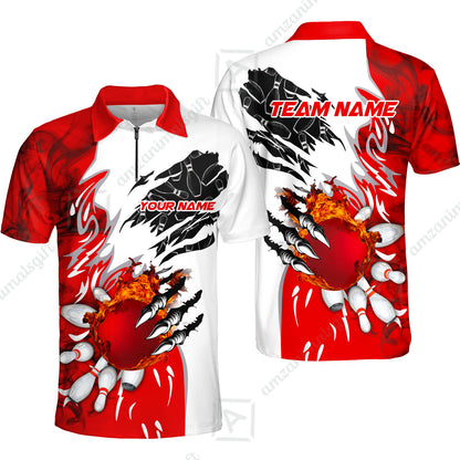 Customized Bowling Quater-Zip Polo Shirt, Bowling And Pins Plame Monster Hand Premium Multicolor Option Personalized Name And Team Zipper Polo Jerseys Shirts