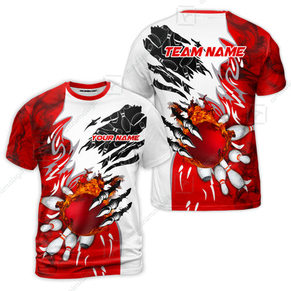Customized Bowling T-Shirt , Bowling And Pins Plame Monster Hand Premium Multicolor Option Personalized Name And Team Zipper Polo Jerseys Shirts