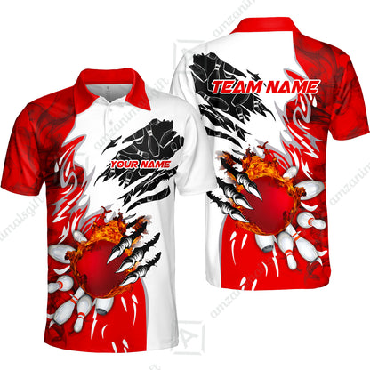 Customized Bowling Unisex Polo Shirt , Bowling And Pins Plame Monster Hand Premium Multicolor Option Personalized Name And Team Zipper Polo Jerseys Shirts