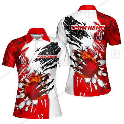 Customized Bowling Women Polo Shirt, Bowling And Pins Plame Monster Hand Premium Multicolor Option Personalized Name And Team Zipper Polo Jerseys Shirts