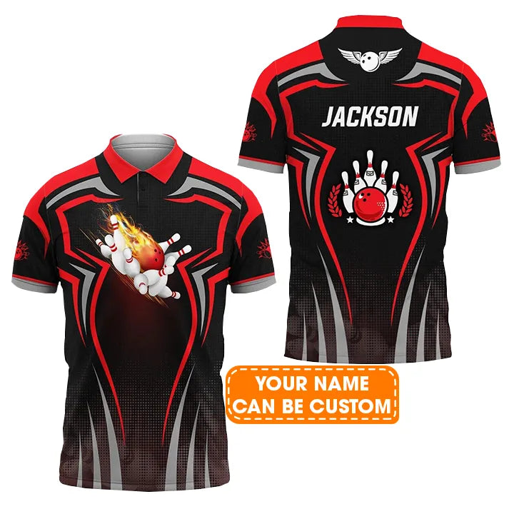 Bowling Men Polo Shirt Custom Name - The Red Bowling Ball Crashing The Pins Personalized Name Polo Shirt For Men, Bowler, Friend, Family