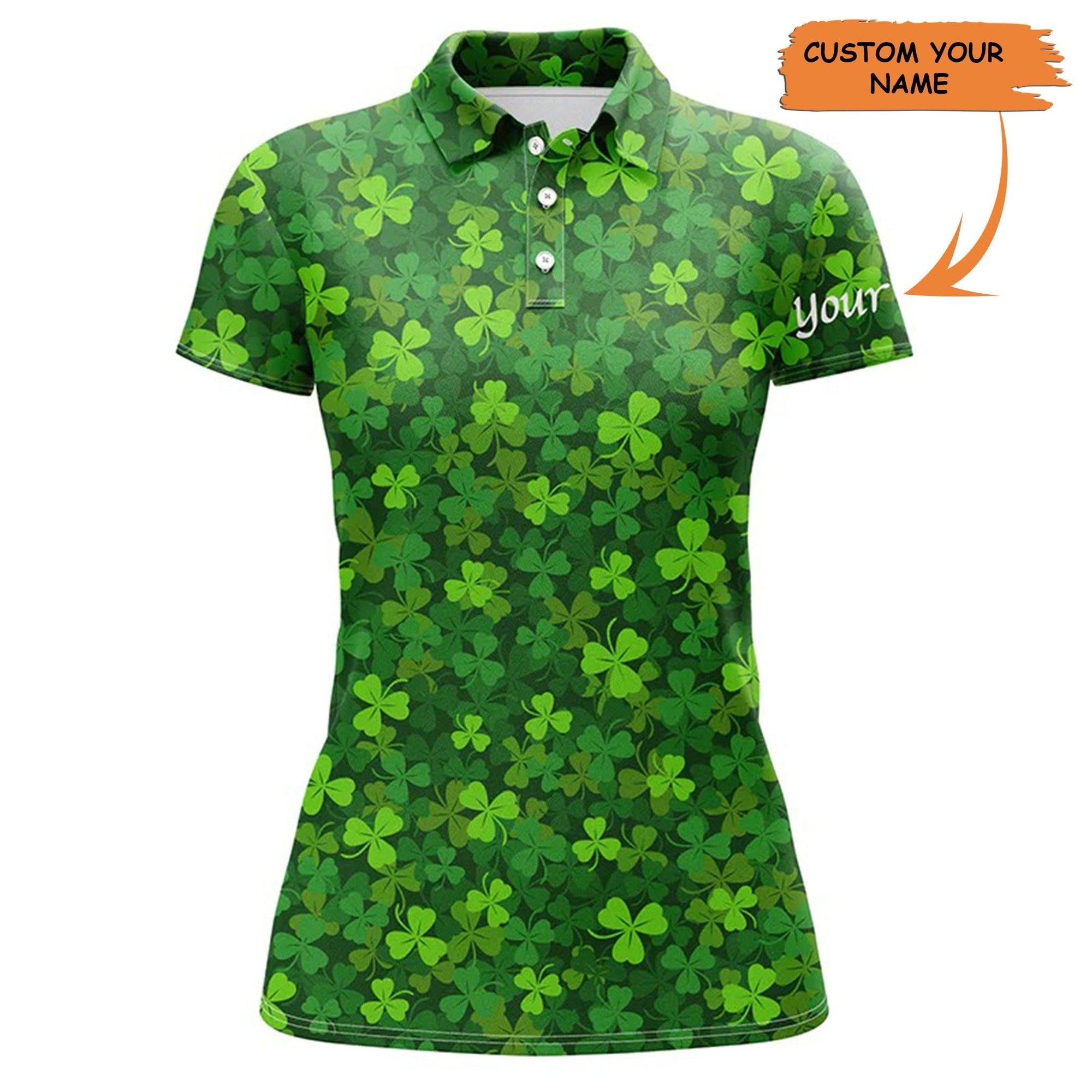 Custom Name Women Polo Shirt, Green Clover St Patrick Pattern Personalized Women Polo Shirt - Perfect Gift For Ladies, Golf Lovers, Golfers