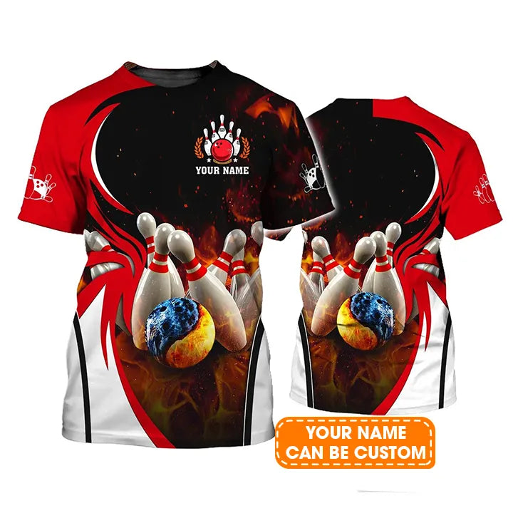 Bowling T shirt Custom Name - Water And Fire In Bowling Ball Personalized T-shirt - Gift For Friend, Family, Bowling Lovers
