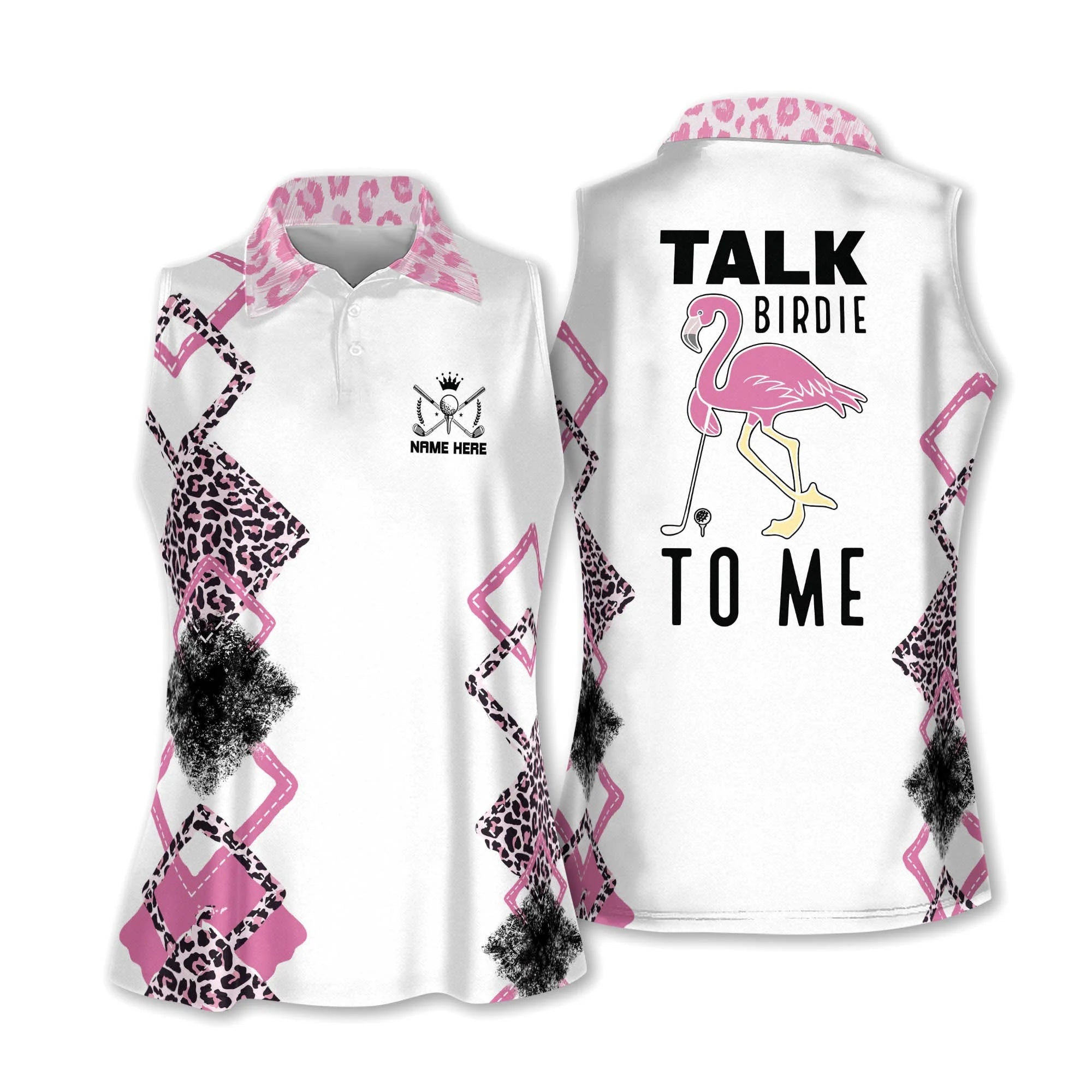 Golf Custom Name Women Polo Shirts, Pink Leopard Collar, Talk Birdie to Me Flamingo Women Polo Shirts - Personalized Gift For Mother's Day, Golfers