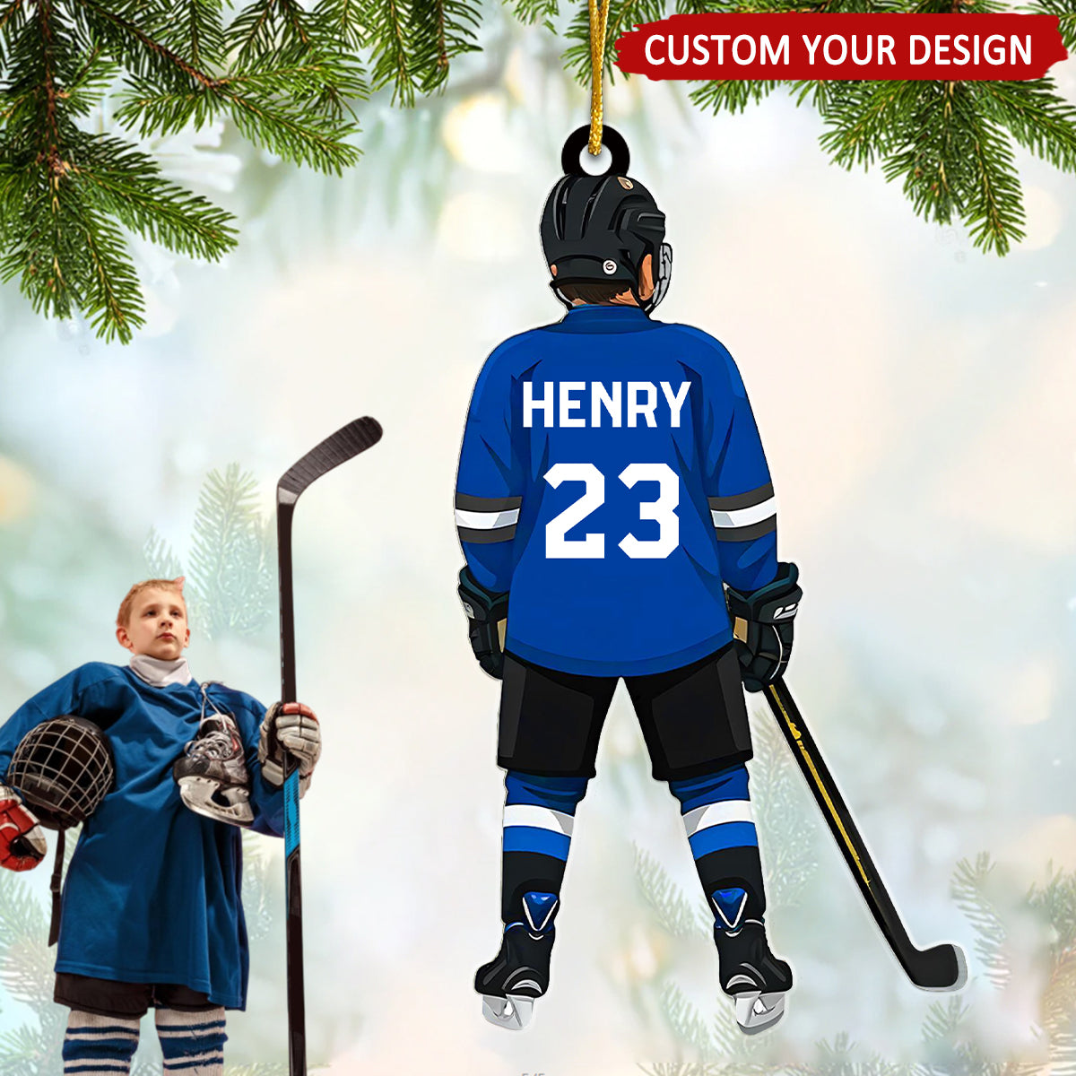 Personalized Ice Hockey Teen Boy Back View Acrylic Ornament, Meaningful Ornament Gifts For Hockey Player, Family, Friends