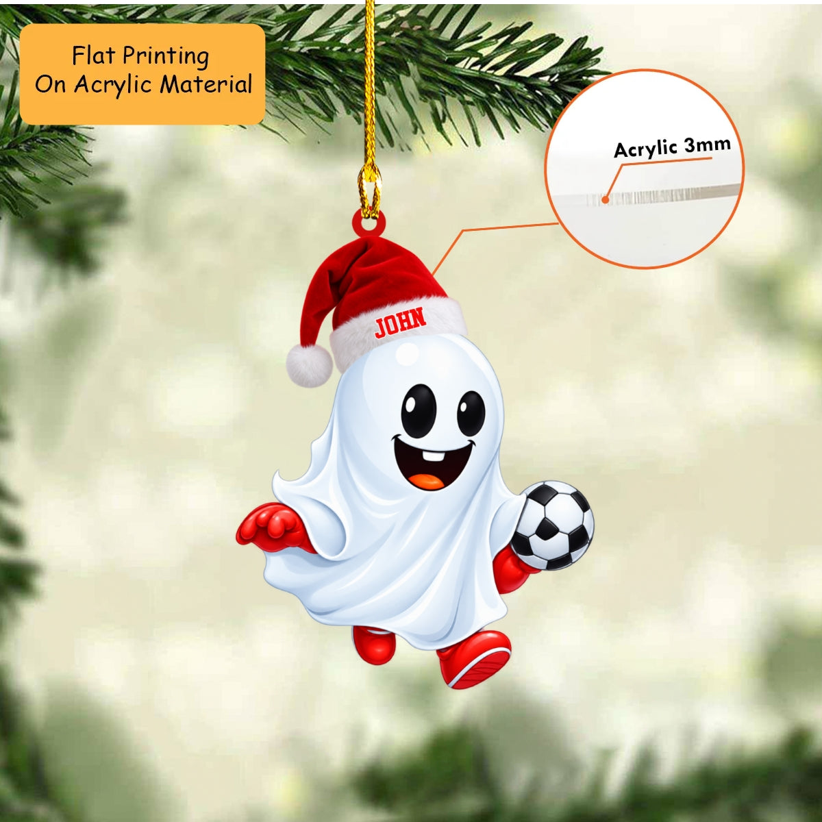 Personalized Soccer Christmas Ornament, Cute Ghost Holding Football Mascot, Custom Ornament Christmas Gift, Keychain Soccer, Car Ornament Soccer