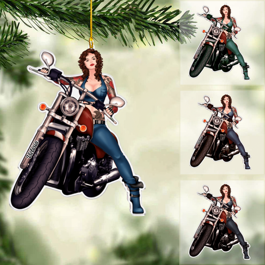 Personalized Motorbike Christmas Ornament, A Cool Women Biker, Custom Ornament Christmas Gift, Keychain Motorbike, Car Ornament Motorbike