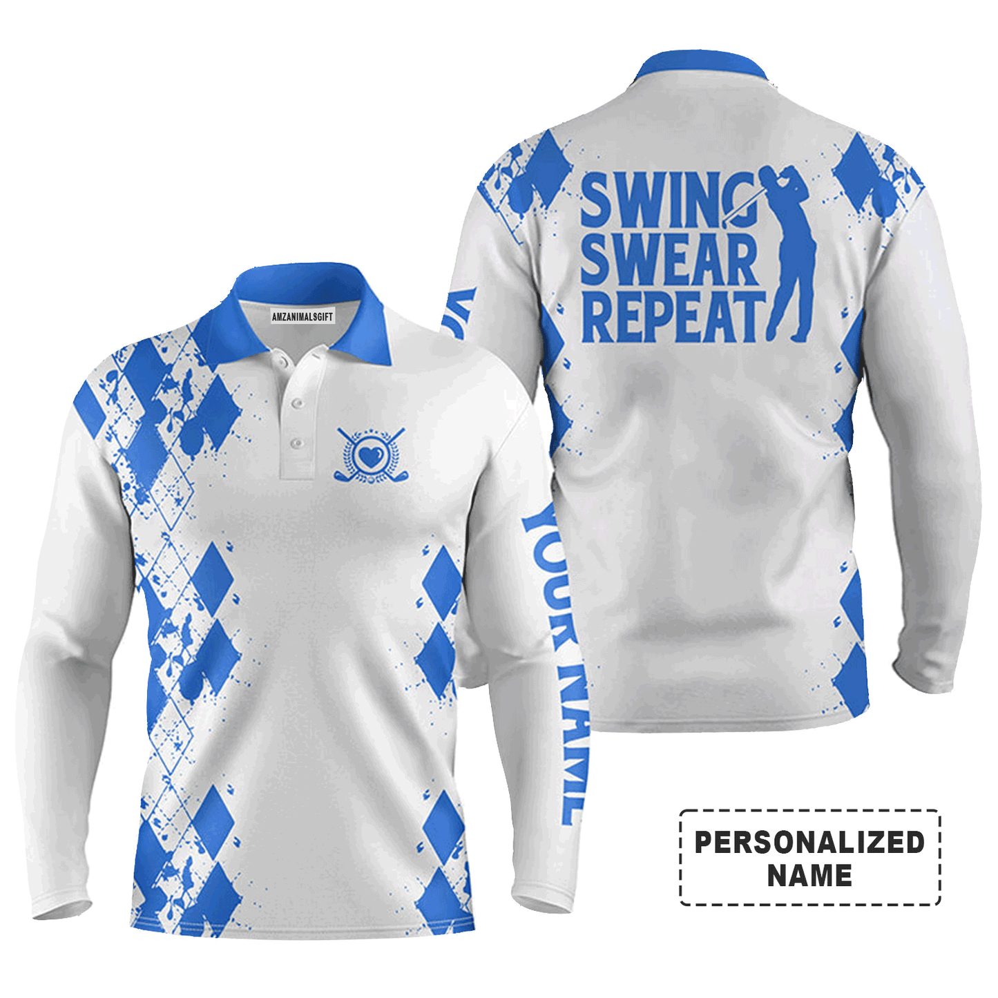 Custom Golf Long Sleeve Men Polo Shirt -Argyle Pattern Custom Name Apparel, Swing Swear Repeat Men Golf Polo Shirt-Perfect Polo Shirt For Men, Golfers