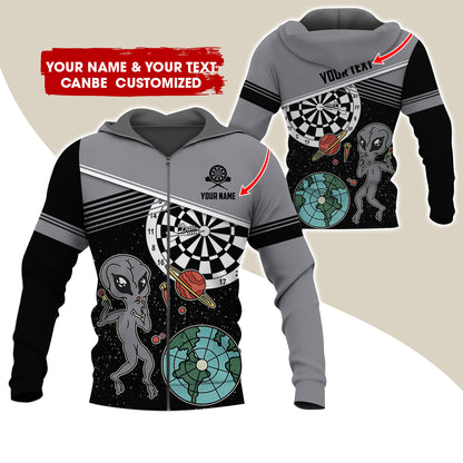 Customized Name Alien Darts Premium Zip Hoodie, Personalized Name & Text Darts Zip Hoodie For Men & Women - Gift For Darts Lovers, Darts Players