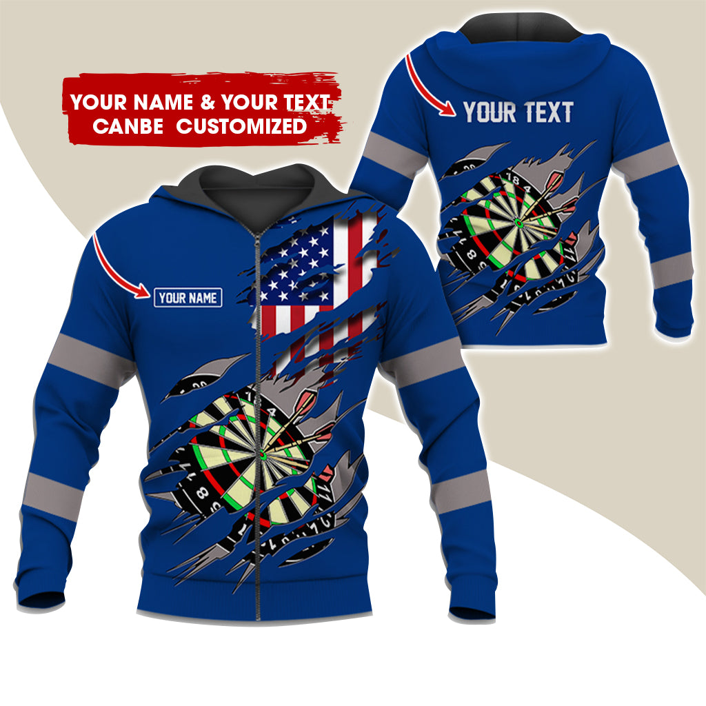Customized Name & Text American Flag Darts Premium Zip Hoodie, Personalized Dartboard Zip Hoodie For Men & Women - Gift For Darts Lovers, Darts Players
