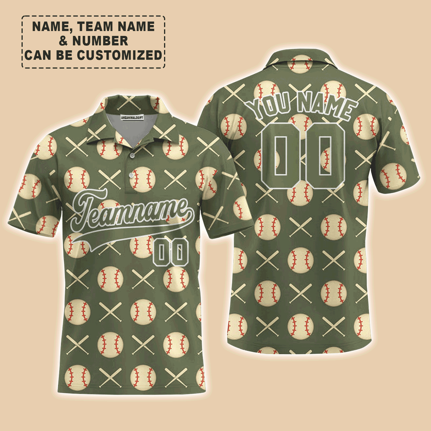 Customized Baseball Men Polo Shirt, Olive Baseball Striped Pattern Custom Polo Shirt - Perfect Polo Shirt For Men, Baseball Lovers