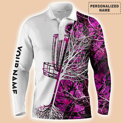 Custom Golf Long Sleeve Men Polo Shirt, Custom Name Pink Camo Disc Golf Basket Apparel Men Polo Shirt - Perfect Gift For Men, Golf Lover