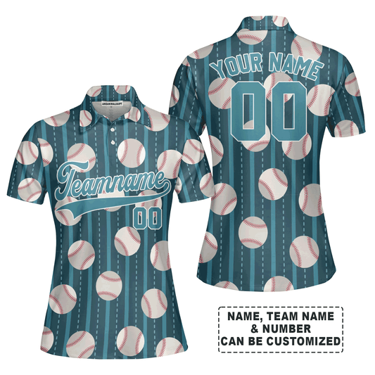 Customized Baseball Women Polo Shirt, Teal Baseball Striped Pattern Custom Polo Shirt - Perfect Polo Shirt For Women, Baseball Lovers