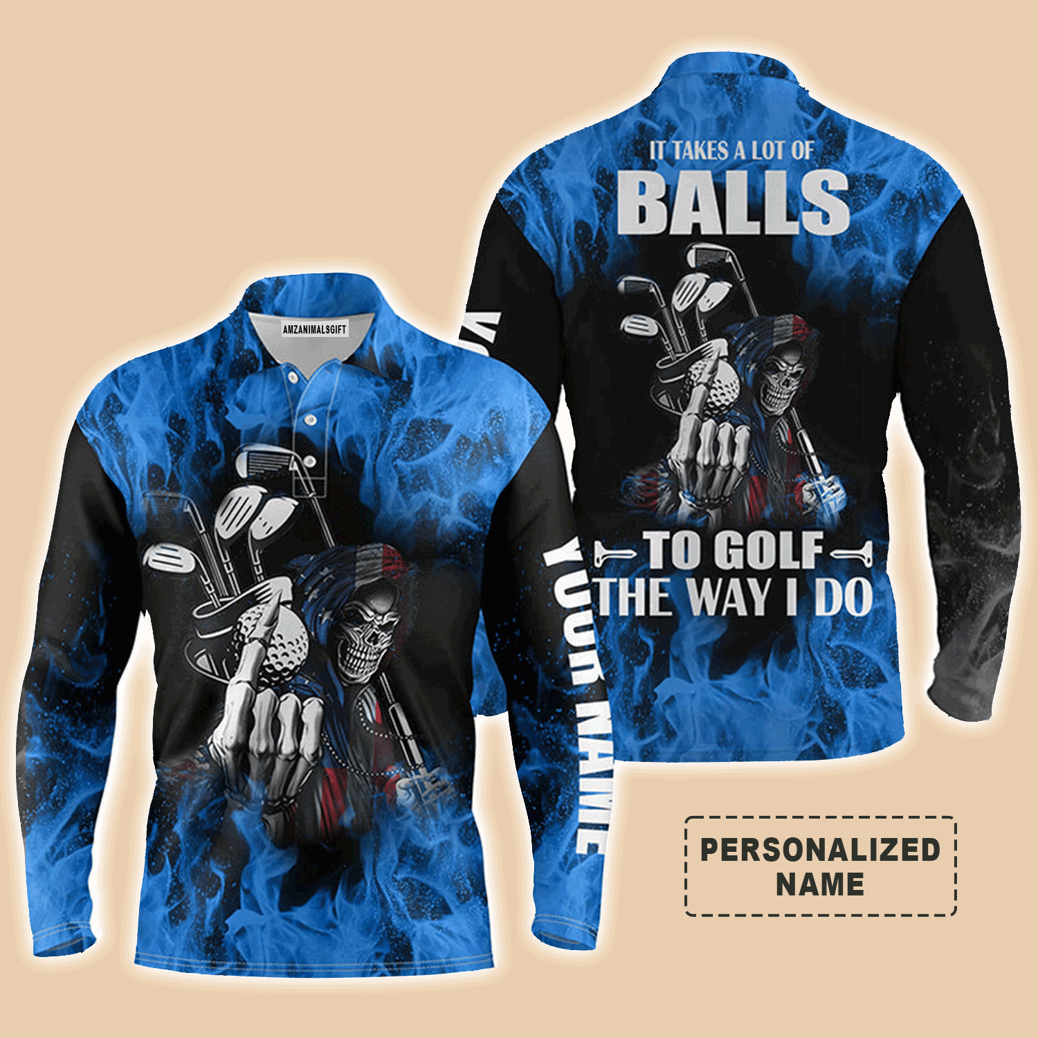 Custom Golf Long Sleeve Men Polo Shirt - Flame Skull Apparel, It Takes A Lot Of Balls To Golf The Way I Do Men Golf Polo Shirt - Perfect Polo Shirt For Men
