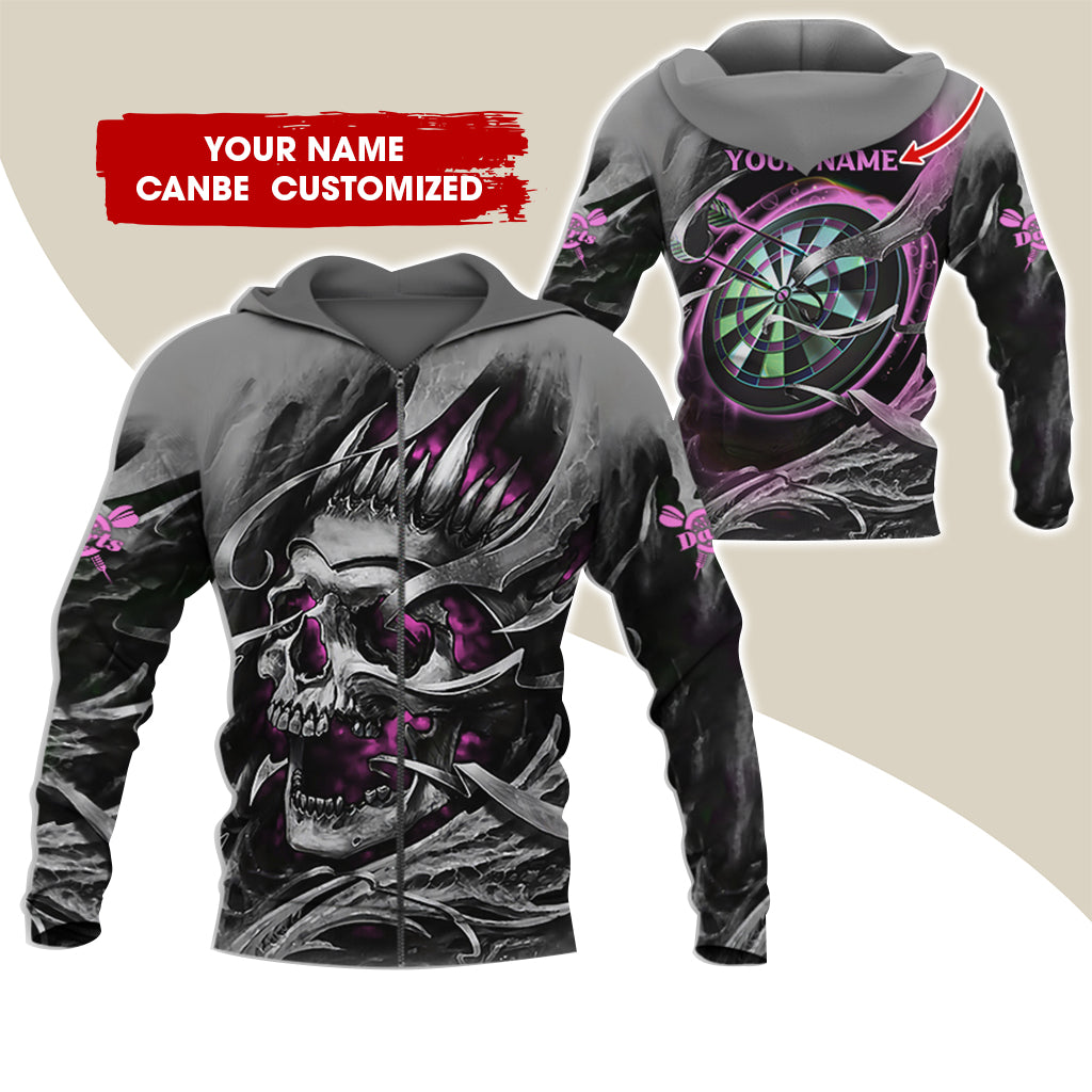 Customized Name Skull Darts Premium Zip Hoodie, Personalized Name Dartboard Zip Hoodie For Men & Women - Gift For Darts Lovers, Darts Players
