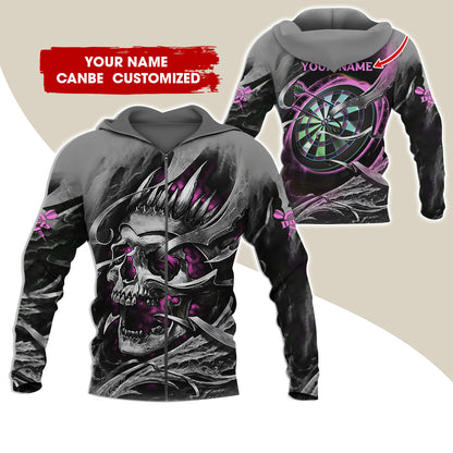 Customized Name Skull Darts Premium Zip Hoodie, Personalized Name Dartboard Zip Hoodie For Men & Women - Gift For Darts Lovers, Darts Players