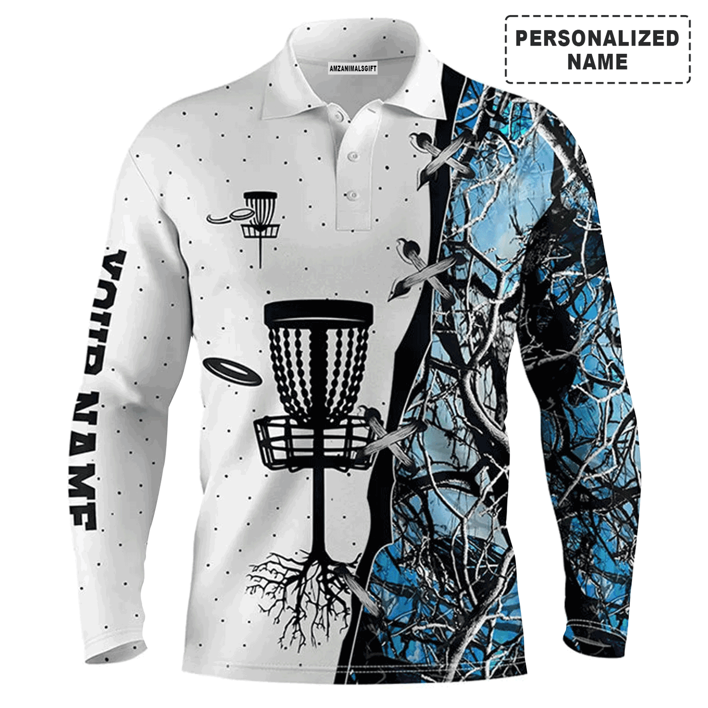Custom Disc Golf Long Sleeve Men Polo Shirt -  Custom Name Blue Black Camo Disc Golf Basket Apparel Men Polo Shirt For Men, Disc Golf Lover