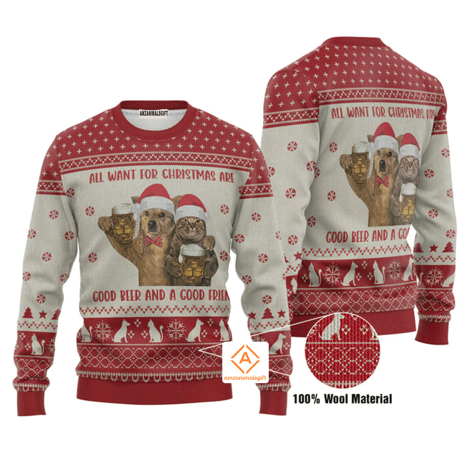 Cute Cat & Dog Christmas Sweater Good Beer And A Good Friend, Ugly Sweater For Men & Women, Perfect Outfit For Christmas New Year Autumn Winter