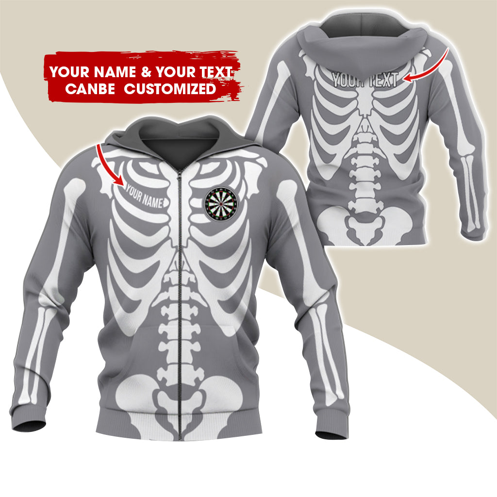 Customized Name & Text Skeleton Darts Premium Zip Hoodie, Personalized Name Darts Zip Hoodie For Men & Women - Gift For Darts Lovers, Darts Players