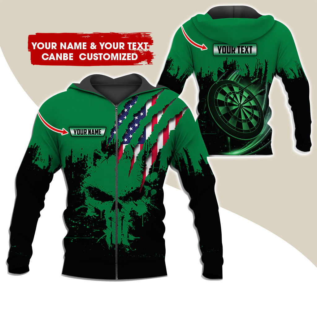 Customized Name & Text Skull Darts Premium Zip Hoodie, Personalized American Flag Zip Hoodie For Men & Women - Gift For Darts Lovers, Darts Players