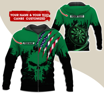 Customized Name & Text Skull Darts Premium Zip Hoodie, Personalized American Flag Zip Hoodie For Men & Women - Gift For Darts Lovers, Darts Players