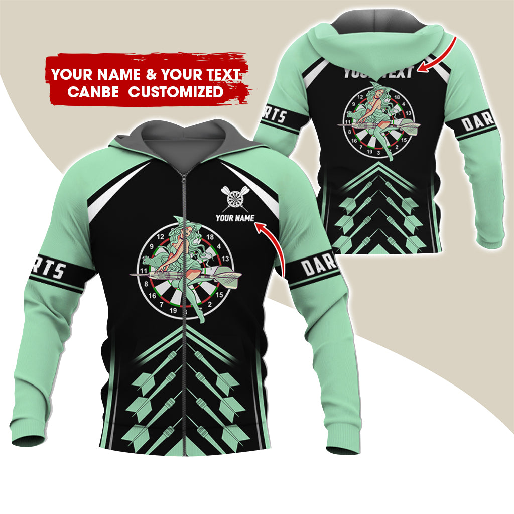 Customized Name & Text Witch Darts Premium Zip Hoodie, Personalized Name Dartboard Zip Hoodie For Men & Women - Gift For Darts Lovers, Darts Players