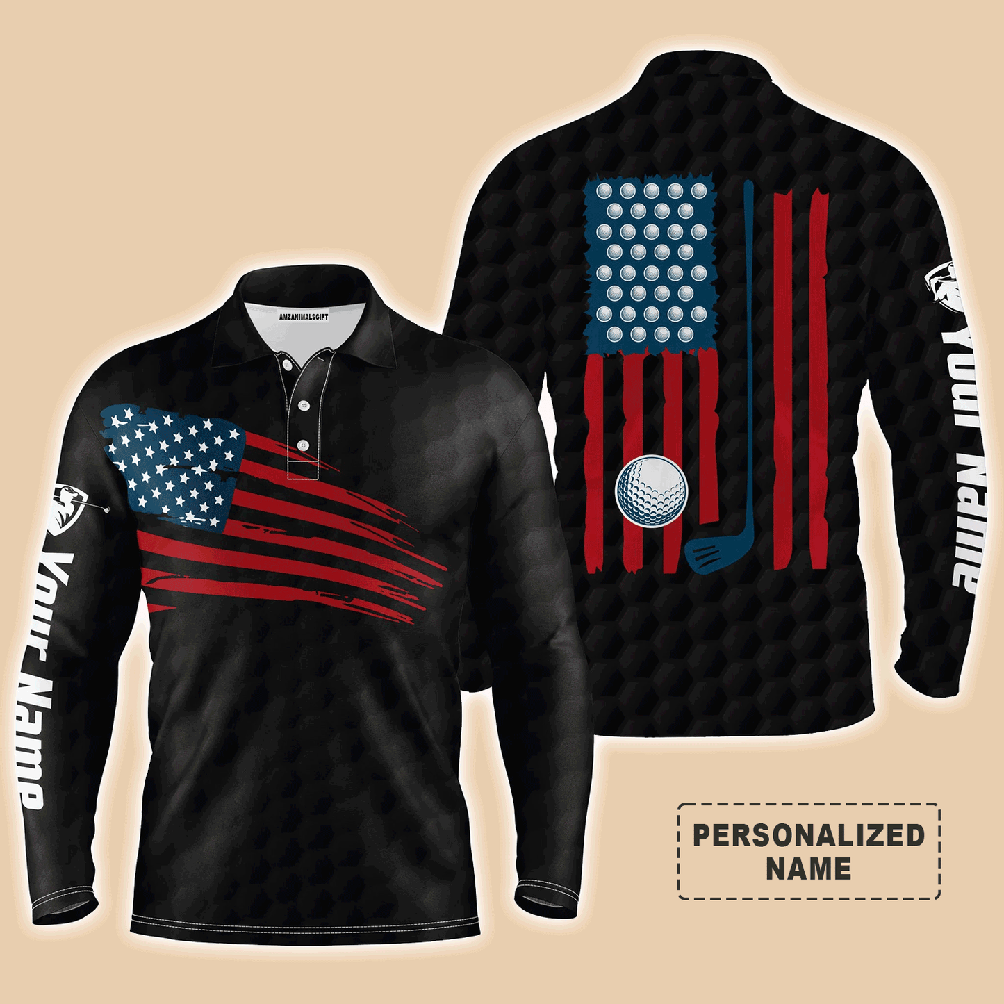 Custom Golf Long Sleeve Men Polo Shirt, Custom Name Multicolor American Flag Patriotic Apparel - Perfect Gifts For Men, Golf Lover