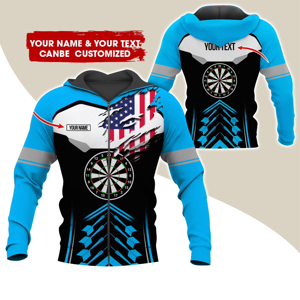Customized Name American Flag Darts Premium Zip Hoodie, Personalized Black Pattern Zip Hoodie For Men & Women - Gift For Darts Lovers, Darts Players