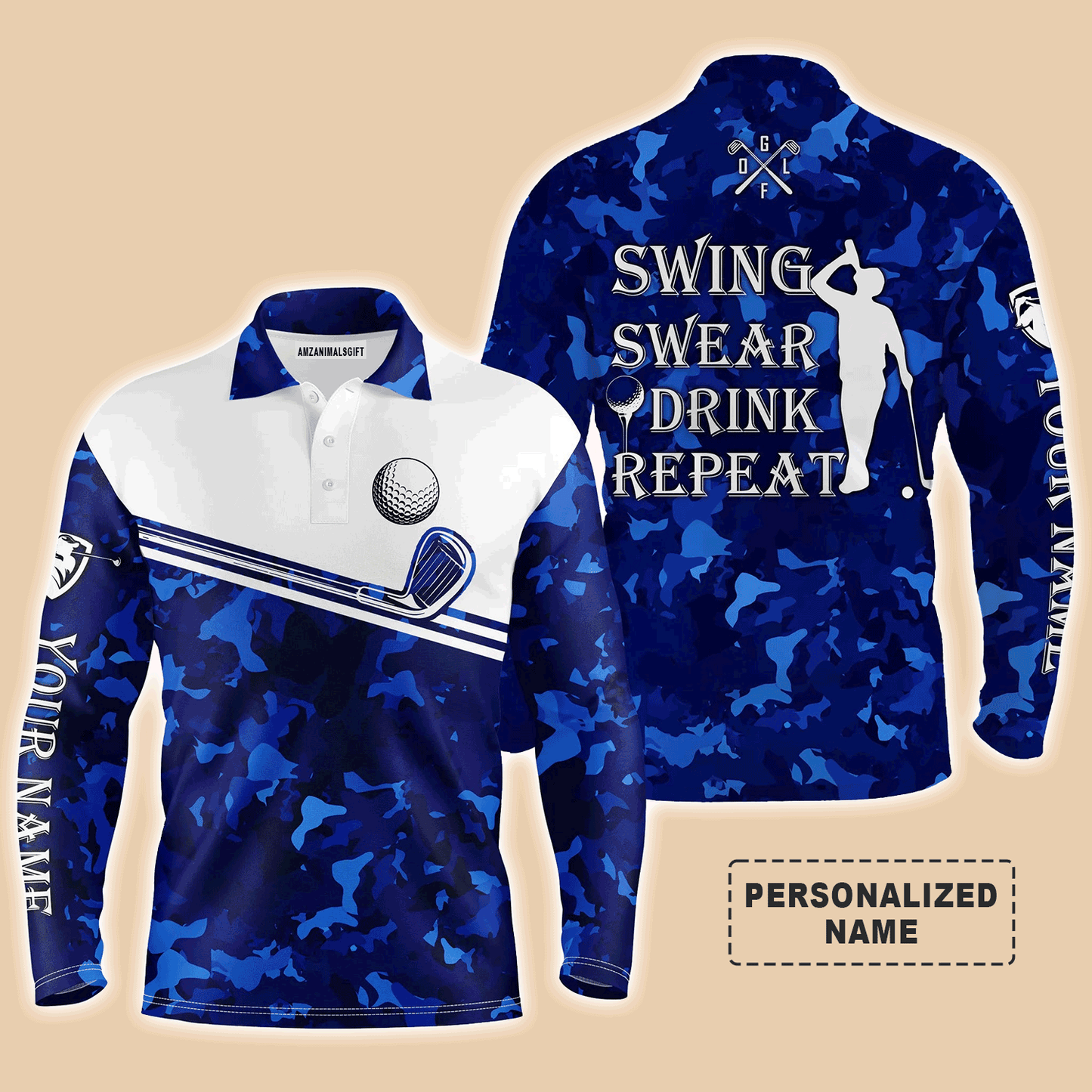 Custom Golf Long Sleeve Men Polo Shirt - Swing Swear Drink Repeat Custom Name Camo Pattern Apparel - Personalized Gift For Men, Golf Lover