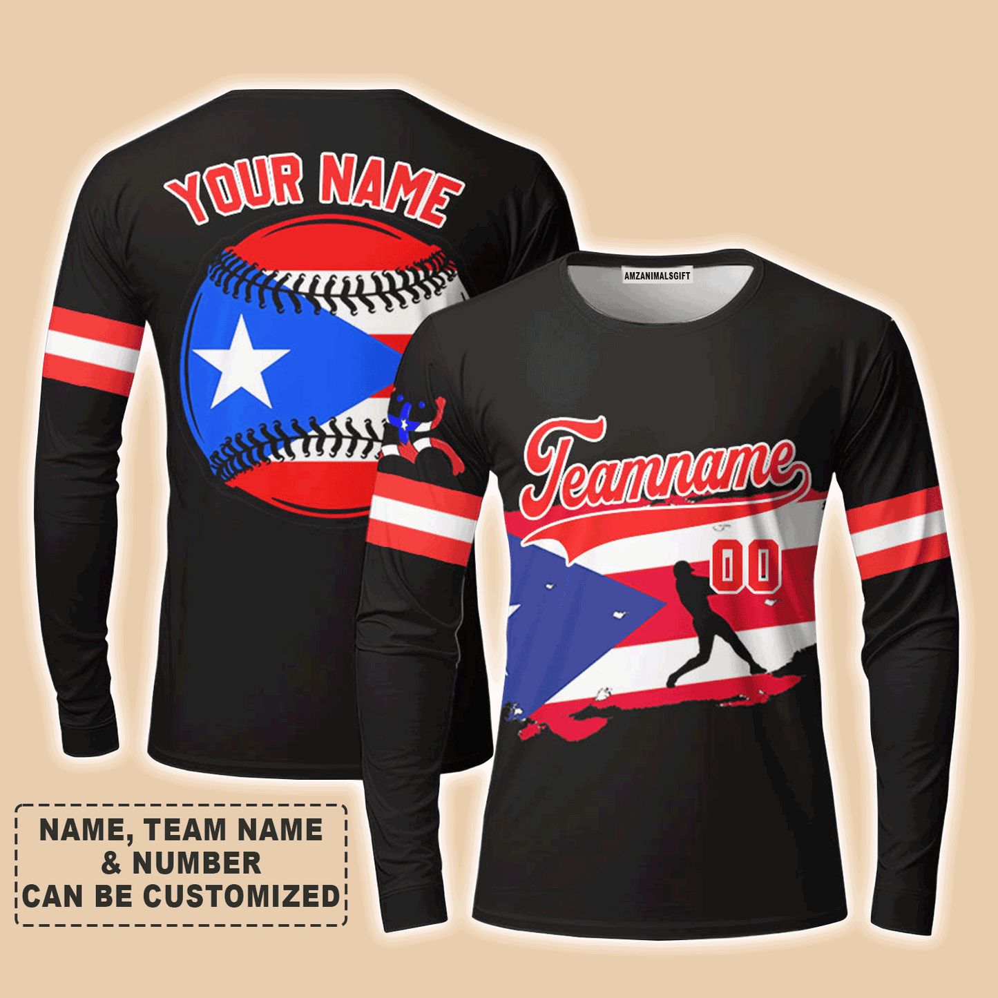 Customized Baseball Long Sleeve Shirt, Puerto Rico Baseball Black White Red Custom Long Sleeve Shirt - Perfect Long Sleeve Shirt For Men & Woman, Baseball Lovers