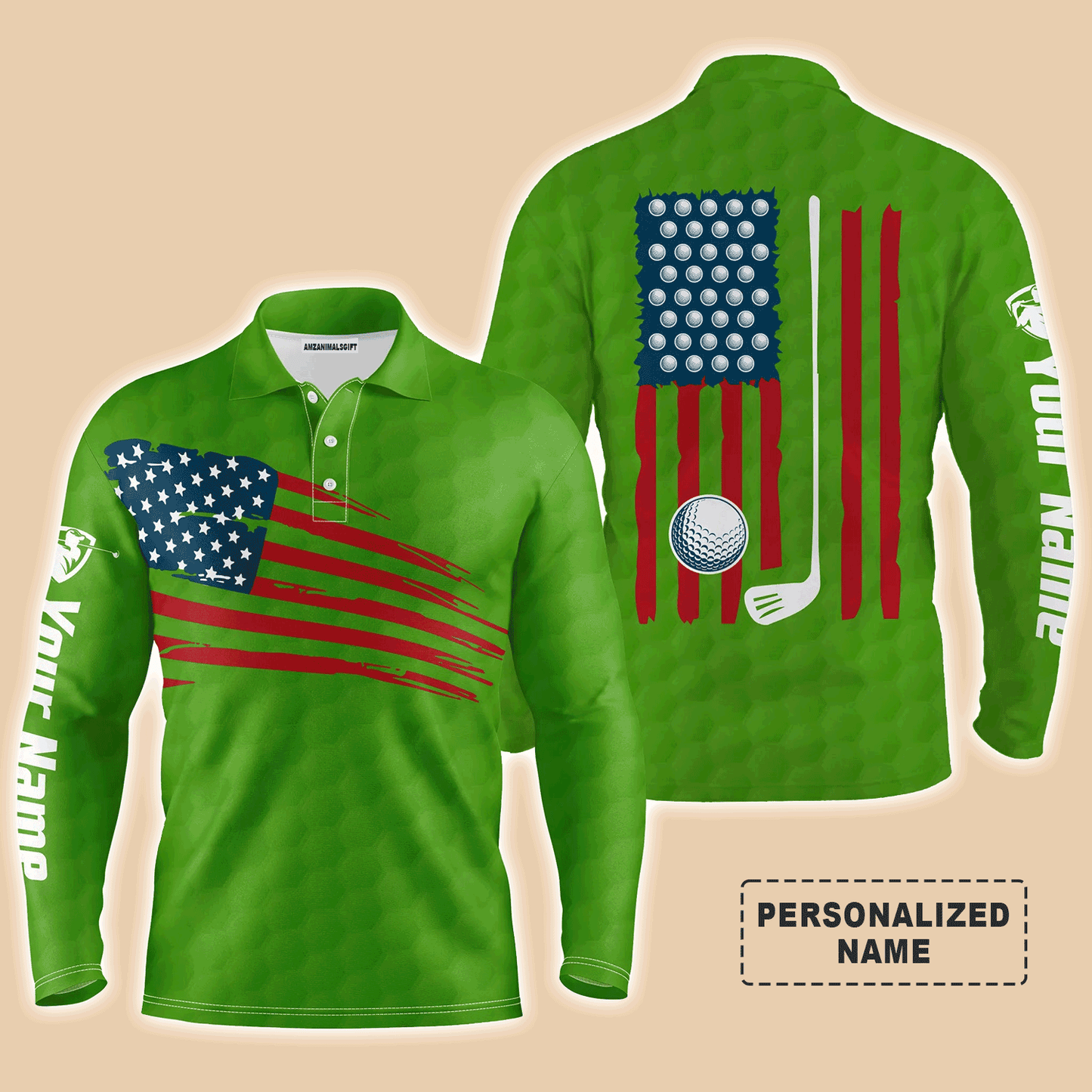 Custom Golf Long Sleeve Men Polo Shirt - Custom Name American Flag Multicolor Apparel - Personalized Gift For Men, Golf Lover