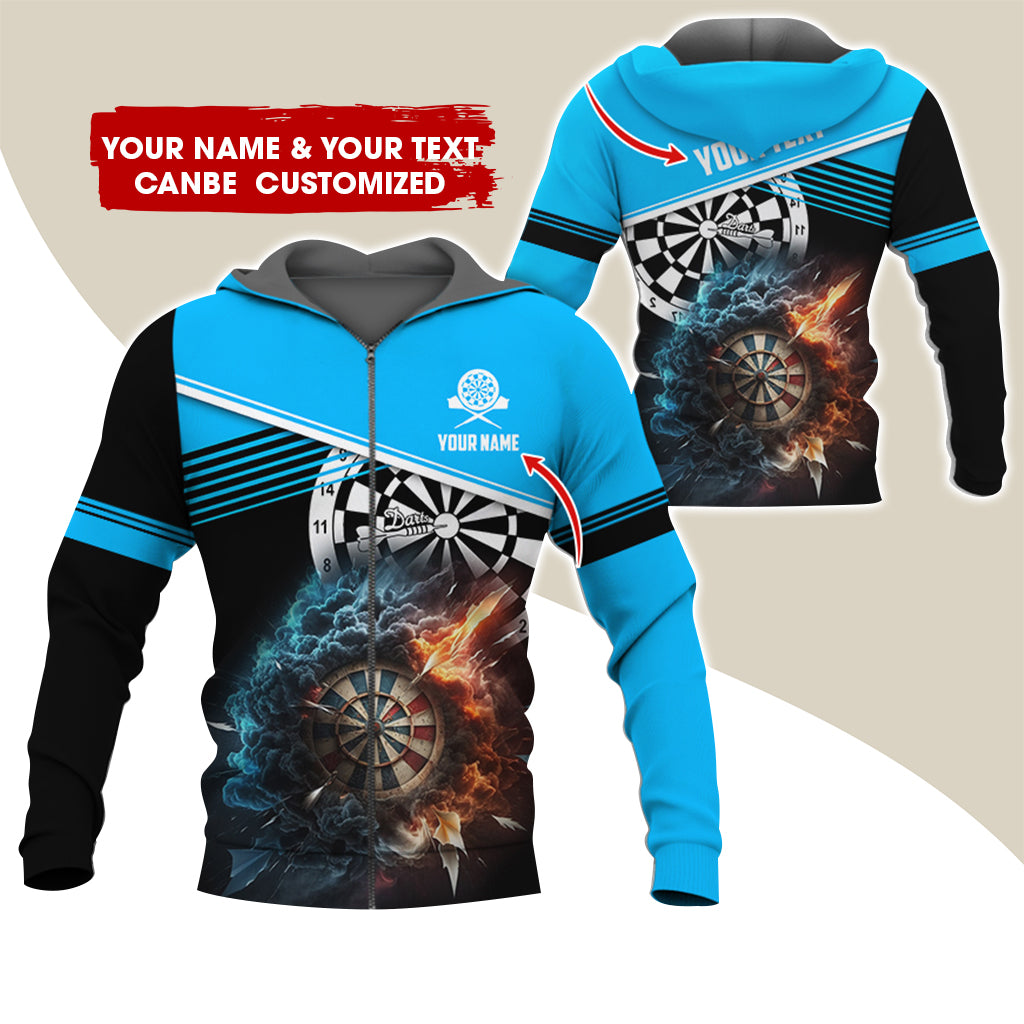 Personalized Name & Text Darts Premium Zip Hoodie, Customized Name Cloudy Fire Darts Zip Hoodie For Men & Women - Gift For Darts Lovers, Darts Players