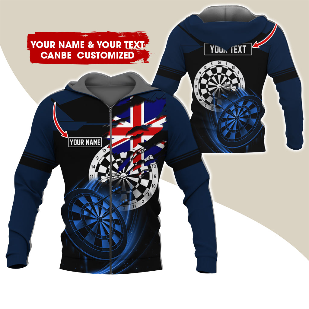 Customized Name & Text Darts Premium Zip Hoodie, Personalized England Flag Zip Hoodie For Men & Women - Gift For Darts Lovers, Darts Players