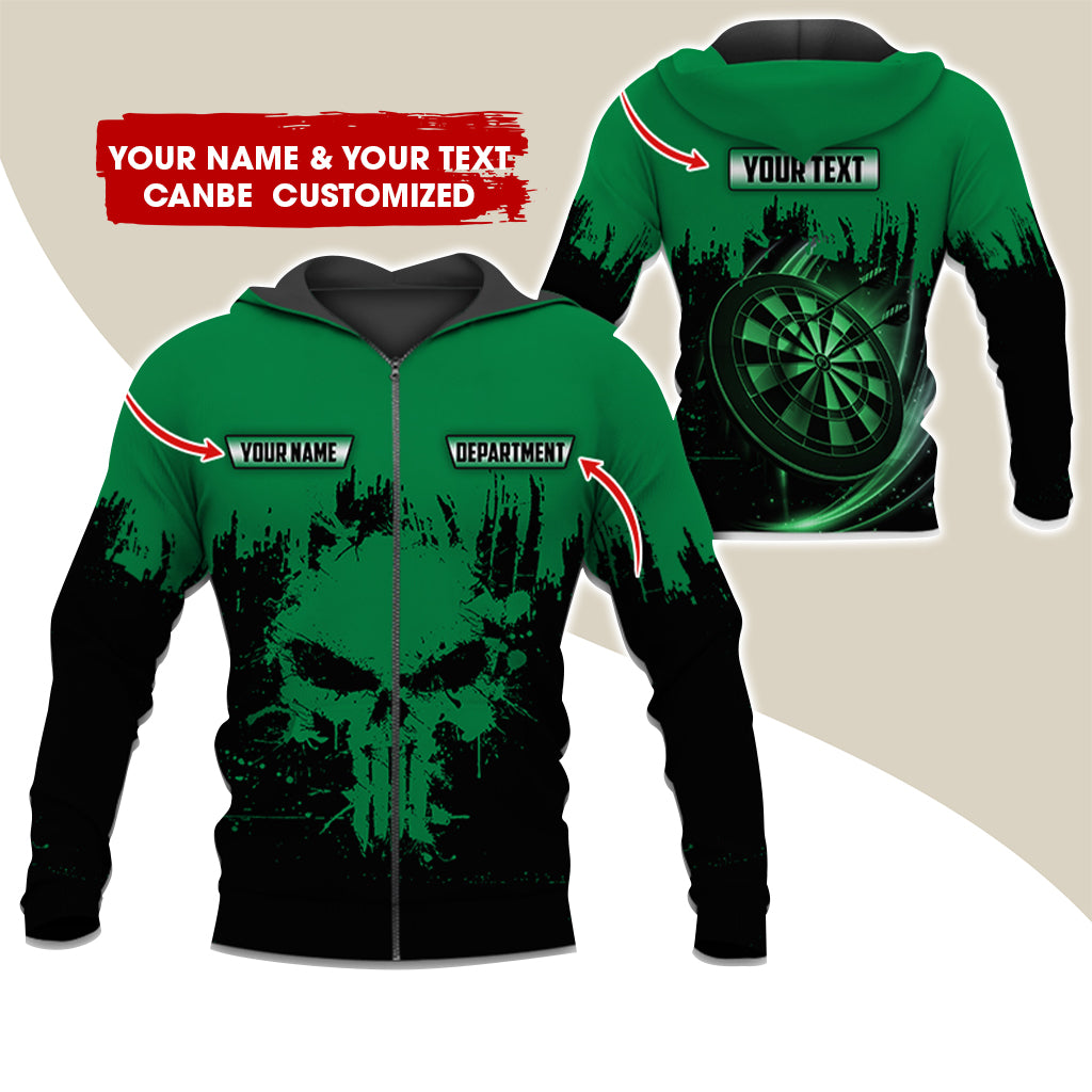 Personalized Name & Text Darts Premium Zip Hoodie, Customized Skull Dartboard Team Zip Hoodie For Men & Women - Gift For Darts Lovers, Darts Players
