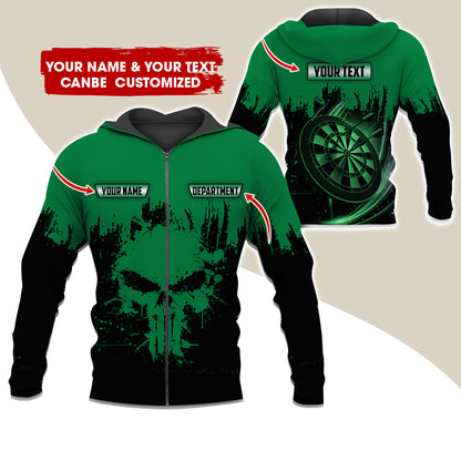 Personalized Name & Text Darts Premium Zip Hoodie, Customized Skull Dartboard Team Zip Hoodie For Men & Women - Gift For Darts Lovers, Darts Players
