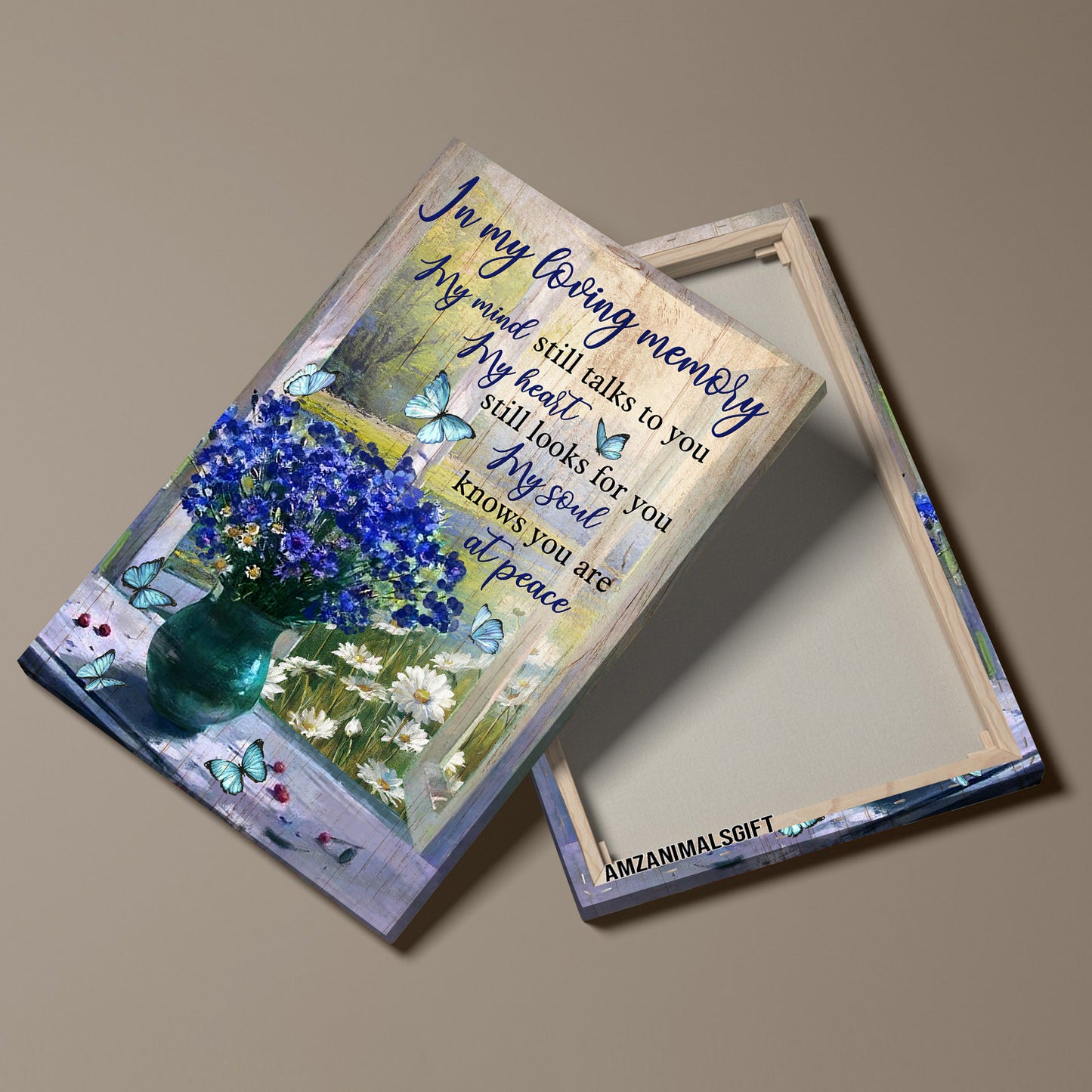 Memorial Premium Wrapped Portrait Canvas - Blue Flower Vase By The Window, Blue Butterfly, My Heart Still Looks For You - Gift For Members Family
