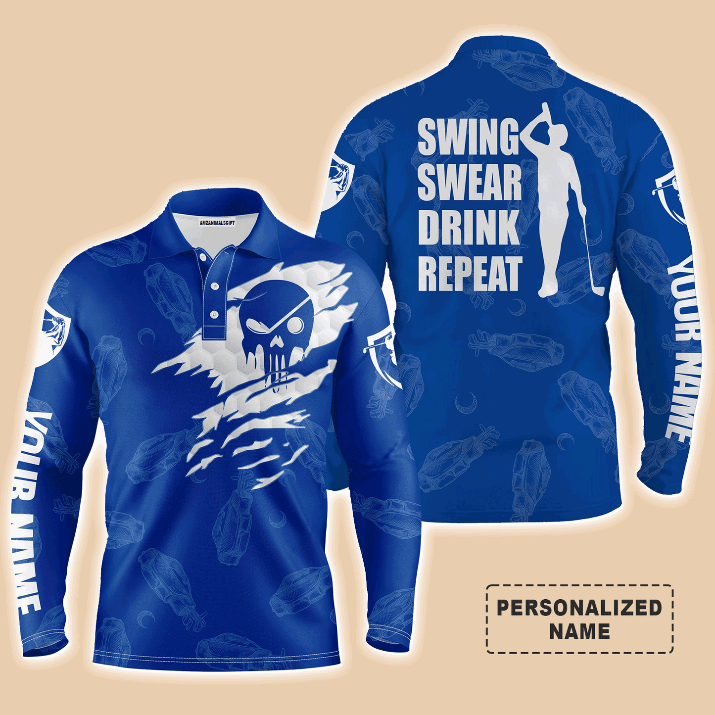 Golf Men Polo Shirt - Custom Name Multicolor Golf Clubs Pattern - Swing Swear Drink Repeat Men Polo Shirt For Golf Lover