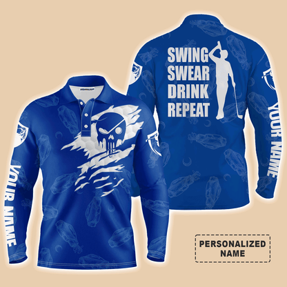 Golf Men Polo Shirt - Custom Name Multicolor Golf Clubs Pattern - Swing Swear Drink Repeat Men Polo Shirt For Golf Lover