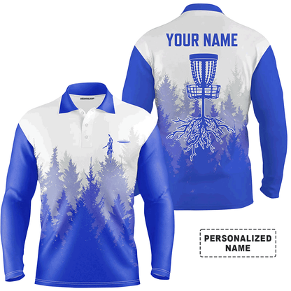 Custom Disc Golf Long Sleeve Men Polo Shirt - Disc Golf Basket Hole In The Woods Custom Name Multicolor Apparel For Men, Disc Golf Lover