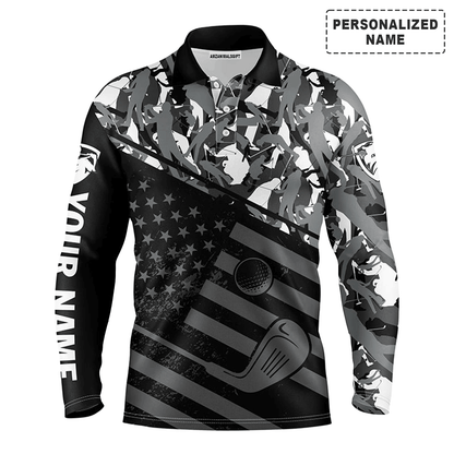 Custom Golf Long Sleeve Men Polo Shirt-Black American Flag Patriotic Camo Pattern Custom Name Apparel-Personalized Gift For Golf Lover, Team, 4th July