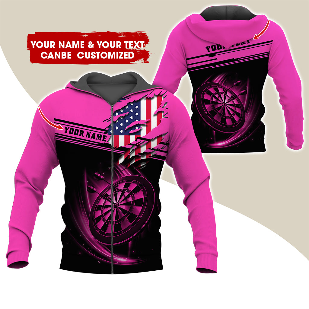 Custom Name & Text Darts Premium Zip Hoodie, Customized Name American Flag Darts Zip Hoodie For Men & Women - Gift For Darts Lovers, Darts Players