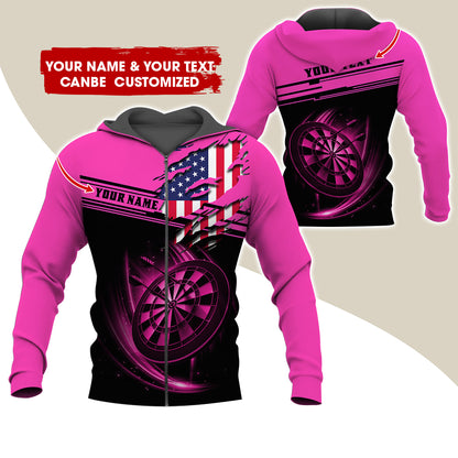 Custom Name & Text Darts Premium Zip Hoodie, Customized Name American Flag Darts Zip Hoodie For Men & Women - Gift For Darts Lovers, Darts Players