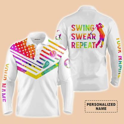 Custom Golf Long Sleeve Men Polo Shirt- Custom Name Watercolor American Flag Multicolor Apparel,Swing Swear Repeat Men Golf Polo Shirt  For Golf Lover