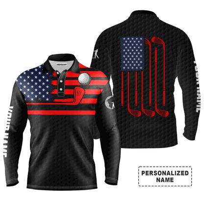Custom Golf Long Sleeve Men Polo Shirt - Custom Name American Flag Patriotic Apparel, Perfect Gift For Men, Golf Lover