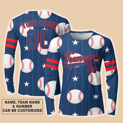 Customized Baseball Long Sleeve Shirt, Navy Baseball Striped Pattern Blue Custom Long Sleeve Shirt - Perfect Long Sleeve Shirt For Men & Woman, Baseball Lovers