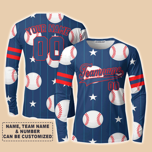 Customized Baseball Long Sleeve Shirt, Navy Baseball Striped Pattern Blue Custom Long Sleeve Shirt - Perfect Long Sleeve Shirt For Men & Woman, Baseball Lovers