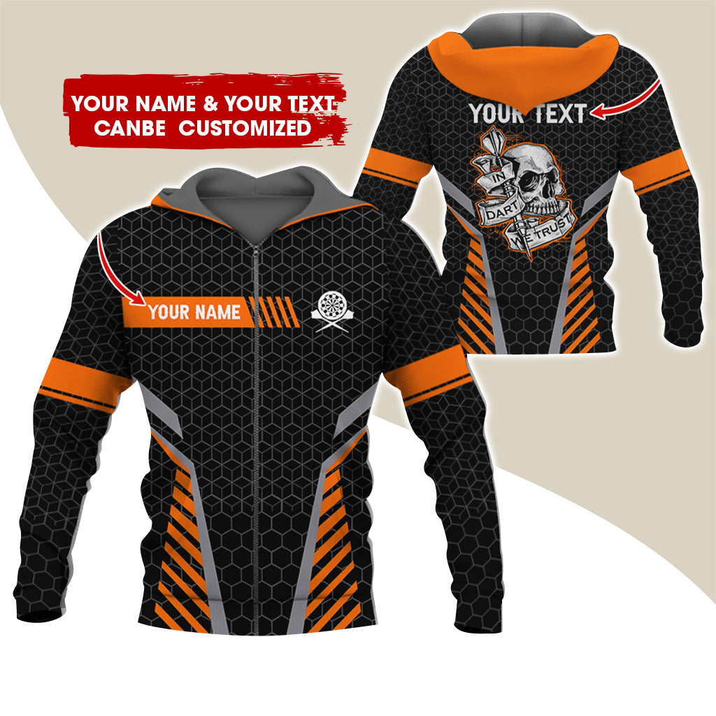 Customized Name & Text Skull Darts Premium Zip Hoodie, Custom Honeycomb Pattern Darts Zip Hoodie For Men & Women - Gift For Darts Lovers, Darts Players