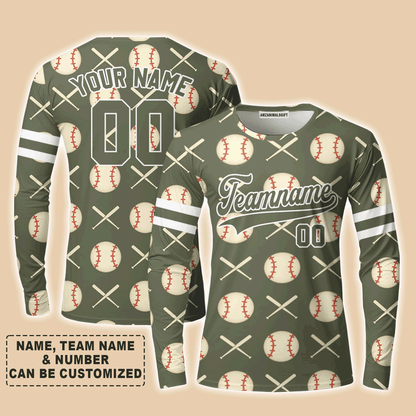 Customized Baseball Long Sleeve Shirt, Olive Baseball Striped Pattern Custom Long Sleeve Shirt - Perfect Long Sleeve Shirt For Men & Woman, Baseball Lovers